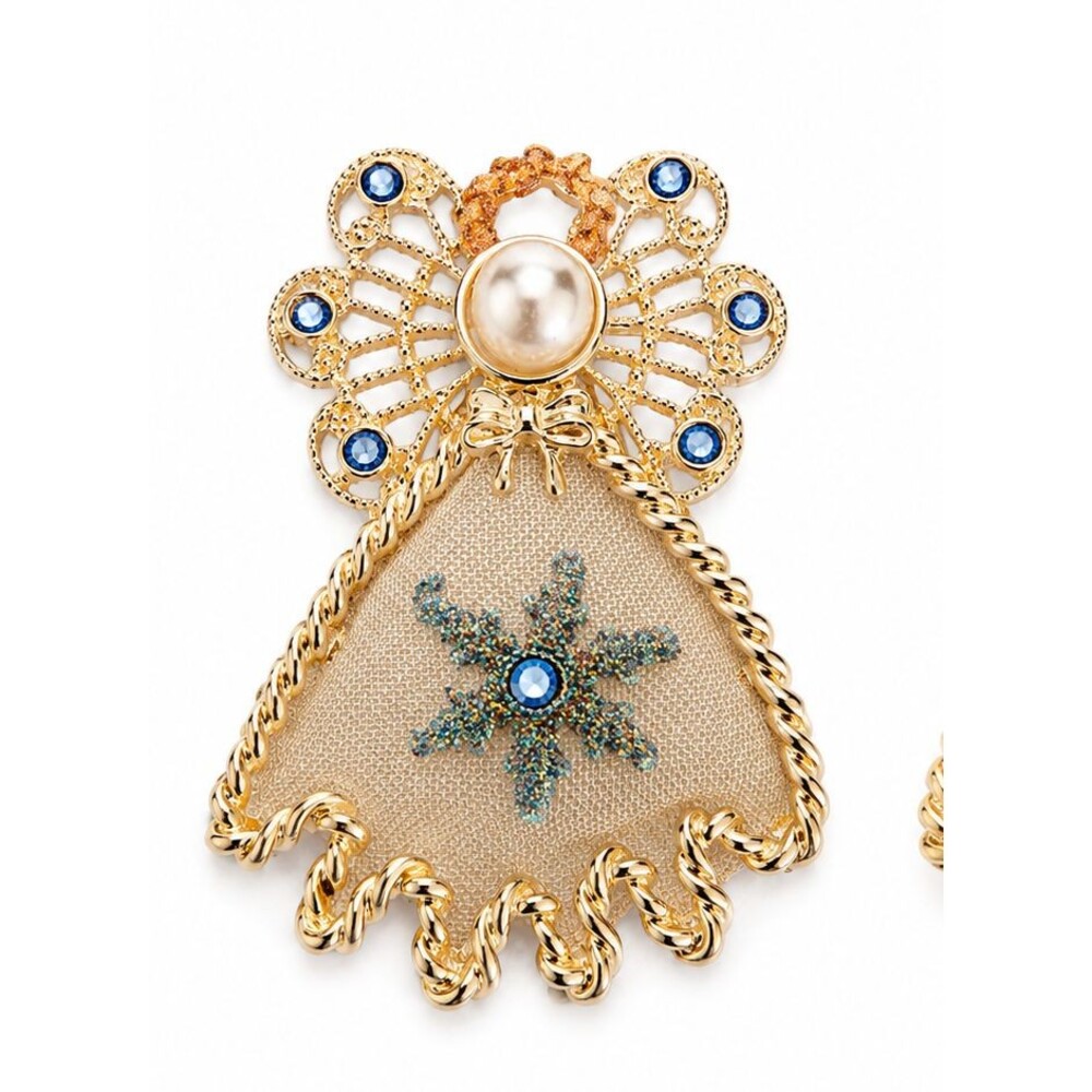 Silver Tone Angel Brooch Blue Rhinestones Faux Pearl Mesh Christmas Holiday Pin